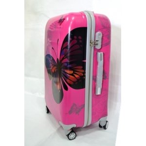 Пластиковый чемодан на четырех колесах. Цвет розовый