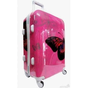 Пластиковый чемодан на четырех колесах. Цвет розовый